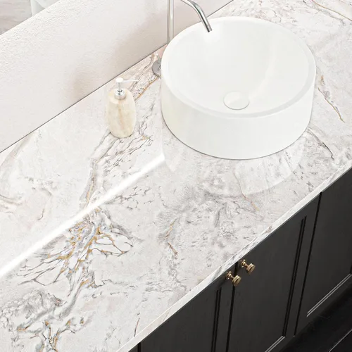 Vista 5 de VEELIKE Papel de contacto para encimera de mármol dorado crema, de 15.7 x 118 pulgadas, impermeable, para despegar y pegar, para cocina, papel tapiz