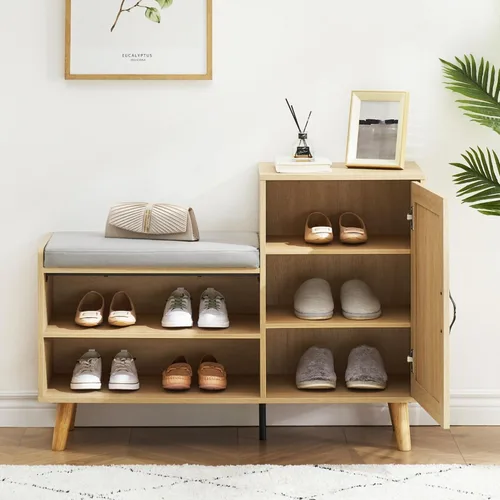Vista 7 de GAOMON Banco de almacenamiento de zapatos de ratán natural 2 en 1 con tapizado, armarios de zapatos con estante ajustable, zapatero de entrada a