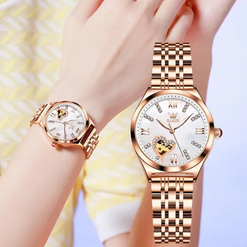 Vista 5 de OLEVS Reloj mecánico automático para mujer, correa de cuero, cuerda automática, reloj de pulsera para mujer, esfera de corazón de diamante
