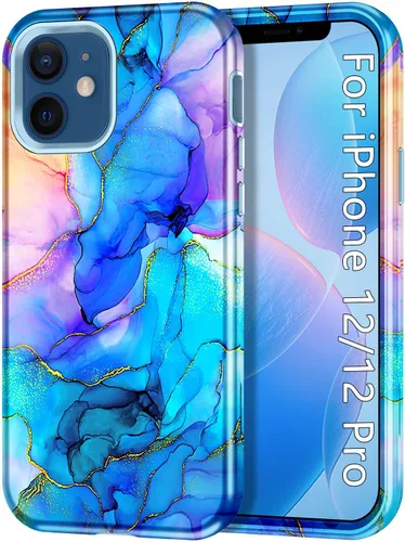 Vista 13 de Btscase para iPhone 12/iPhone 12 Pro, funda resistente de tres capas de mármol a prueba de golpes, cuerpo completo, PC duro + parachoques de TPU