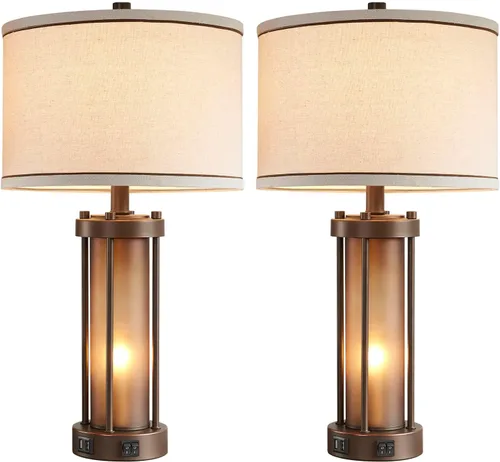 Vista 8 de Juego de 2 lámparas de mesa de estilo granja para sala de estar con 2 puertos de carga USB, lámparas rústicas vintage para mesita de noche con luz