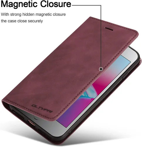 Vista 4 de QLTYPRI Funda para iPhone 6 Plus/6S Plus, cubierta de piel PU con tarjetero, funda tipo billetera con solapa magnética y a prueba de golpes - Vino