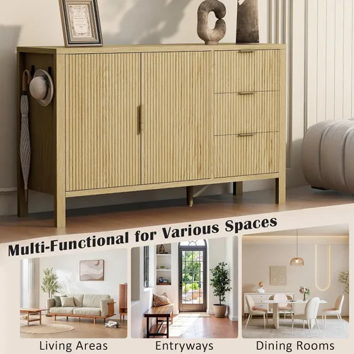 Vista 6 de HY_Modern Wave-Pattern Sideboard with 3 Drawers & 2 Doors - Storage Buffet Cabinet with Adjustable Hooks & Extra Center Leg for Living Room