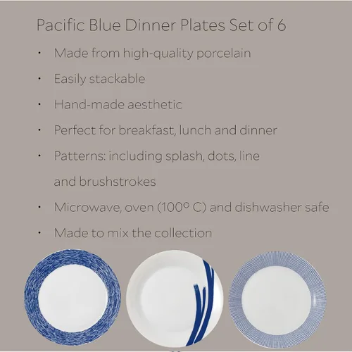 Vista 2 de Royal Doulton Pacific - Platos llanos con patrones mixtos, 11.4 pulgadas, azul/blanco, juego de 6