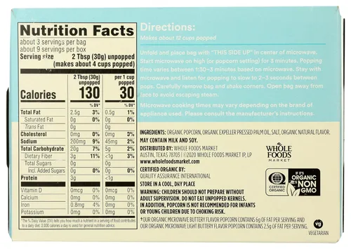 Vista 2 de 365 by Whole Foods Market, Palomitas de maíz orgánicas con mantequilla ligera para microondas, 9 onzas