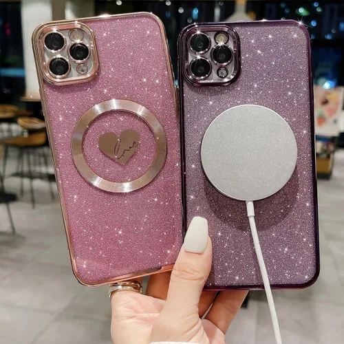 Vista 5 de Funda compatible con iPhone 11 Pro Max de 6.5 pulgadas con Magsafe, funda magnética de corazón chapado con purpurina para mujeres y niñas
