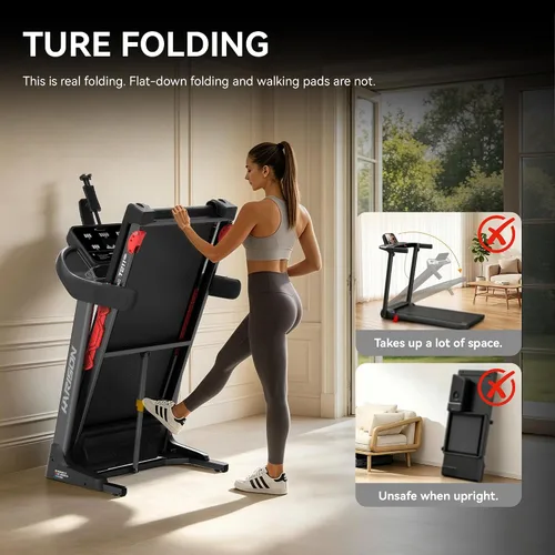 Vista 5 de Cinta de correr plegable para el hogar, 10% de inclinación, 300 libras, 8.7 MPH, aplicación Negro