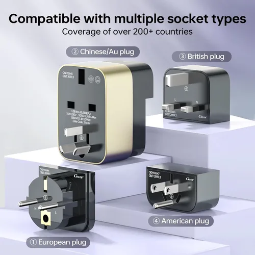 Vista 3 de Adaptador de viaje universal de 45 W, GaN Fast Wall Charger Outlet con puertos PD 3.0 USB-C y USB-A, adaptador de enchufe protegido contra