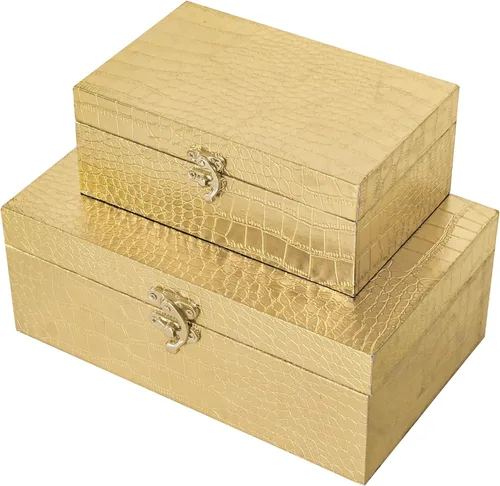 Vista 5 de Juego de 2 cajas de almacenamiento decorativas de madera, cuero de cocodrilo dorado con cierre para el hogar, cocina, sala de estar, regalo ideal