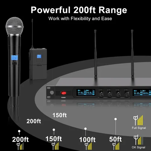 Vista 2 de innopow Sistema de micrófono inalámbrico de 4 canales, micrófono inalámbrico de metal UHF cuádruple, 2 micrófonos de mano, 2 micrófonos de bolsillo