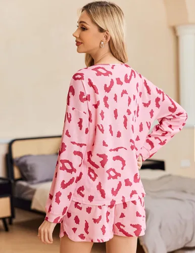 Vista 2 de Ekouaer Conjunto de pijama de punto gofre para mujer, camiseta de manga larga y pantalones cortos, ropa de descanso de 2 piezas con bolsillos