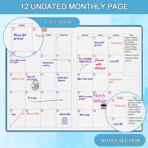 Vista 2 de Agenda sin fecha para cualquier año, planificador semanal y mensual y diario para rastrear objetivos, perfecto para organizar tu vida diaria, 5.85 x