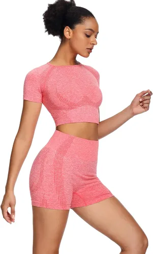 Vista 2 de Sytiz Conjunto de 2 piezas de yoga sin costuras para mujer, pantalones cortos de gimnasio y camiseta corta de manga corta