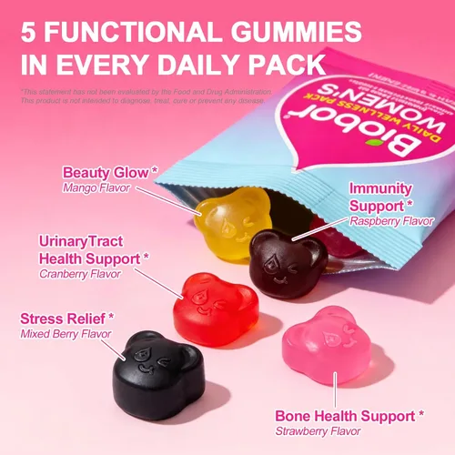 Vista 3 de Paquete de gomitas multivitamínicas diarias para mujeres, suministro para 14 días con biotina y colágeno, magnesio + Ashwagandha, arándano