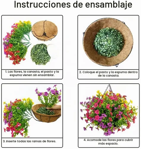 Vista 3 de Flores artificiales en cesta, cestas colgantes artificiales con flores para exteriores e interiores, decoración de patio, canasta de coco de 12