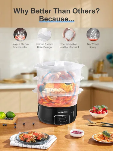 Vista 3 de Vaporizador eléctrico de 3 niveles para cocinar, vaporizador de verduras de 13.7 cuartos de galón para cocción simultánea rápida, vaporizador
