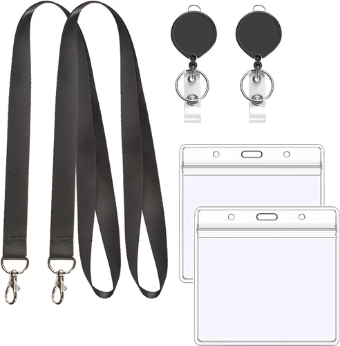Vista 3 de 2 cordones negros con soporte horizontal para tarjetas de identificación de 4 x 3, carrete retráctil Cordón de cuello plano con gancho de metal