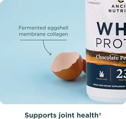 Vista 6 de Ancient Nutrition Proteína de suero alimentada con pasto, Chocolate Maní, 23g de proteína, 18 porciones, Péptidos hidrolizados de colágeno, Proteína