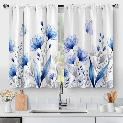 Vista 34 de Aimego - Cortinas de cocina con plantas rústicas y flores de primavera, botánicas, con hojas verdes, cortas, para cafetería, baño, con bolsillo