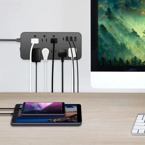 Vista 7 de Cable de extensión con protector de sobretensiones – Barra de alimentación trenzada de enchufe plano con 8 tomas amplias y 4 puertos USB (1 USB C)