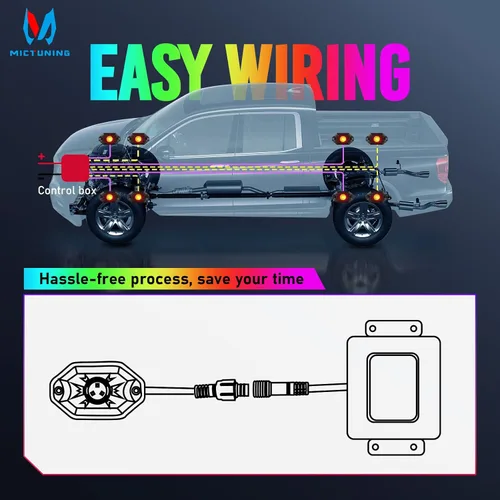 Vista 6 de MICTUNING Kit de luces LED RGB 2025 mejorado, 8 cápsulas de luz neón multicolor con control remoto RF a prueba de agua 12V para autos, camiones