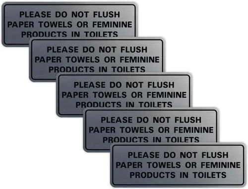 Vista 44 de All Quality Estándar Please Do Not Flush Toallas de papel o productos femeninos en inodoros puerta o pared Letrero Negro - Pequeño (1 paquete)