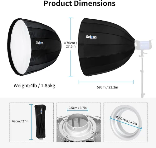 Vista 7 de Selens Parabolic Deep Softbox de 27.5 pulgadas / 27.6 in hexadecágono plegable rápido paraguas softbox con soporte Bowens Speedring para estudio