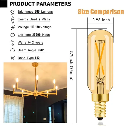 Vista 2 de Bombilla LED E12 regulable de 2 W, igual a 25 W, ámbar blanco cálido, 2700 K, T6, T25, E12, bombilla de candelabro de 25 vatios para candelabros