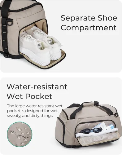 Vista 4 de BAGSMART Mochila de gimnasio para hombres, deportes y viajes de fin de semana, bolsa de viaje convertible 4 en 1 con compartimento para zapatos