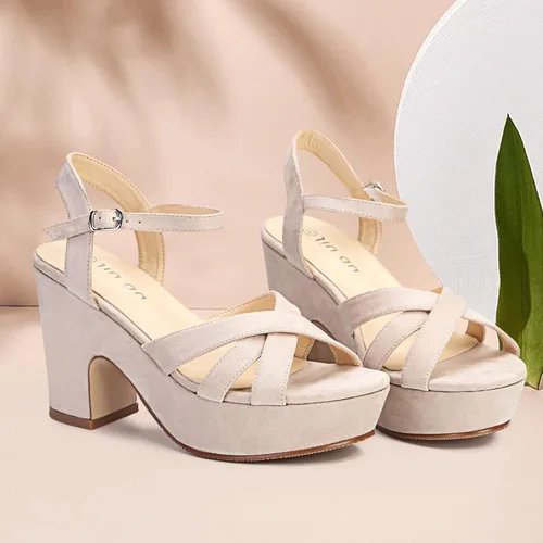 Vista 7 de Jiu du Sandalias de plataforma de gamuza para mujer, con correa al tobillo, sexy, con puntera abierta, tacón alto, tacón grueso, zapatos de tacón