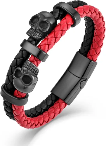 Vista 15 de Pulsera de Cuero de Doble Fila con Calavera para Hombre, Pulsera Trenzada con Calavera Negra o Plateada para Hombre, Joyería Punk Masculina