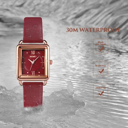 Vista 5 de SKMEI Reloj de mujer, elegante reloj de pulsera rectangular de cuero para damas, reloj analógico de cuarzo impermeable para mujer, Rojo-d