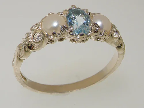 Vista 3 de Anillo de plata de ley 925 auténtica aguamarina y perla cultivada para mujer