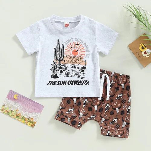 Vista 2 de Conjunto de pantalones cortos con cordón elástico y cordón para bebé, estilo vaquero, estampado de vaca