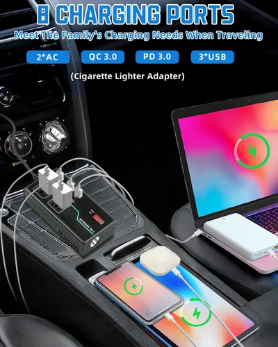 Vista 3 de Inversor de corriente de 200 W, 8 en 1 CC 12 V a 110 V CA, adaptador de enchufe de automóvil, convertidor de salidas con PD3.0 de 30 W y 4 puertos