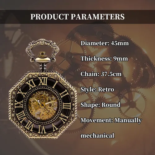 Vista 6 de Bronze Men's Antique Mechanical Pocket Watch, Skeleton Mechanical Roman Numerals Pocket Watch with Chain + Box