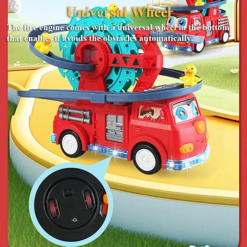 Vista 5 de Juguete deslizante de motor de bomberos 2 en 1 para niños – Juego interactivo para niños pequeños con música, luces, pista de carreras y noria