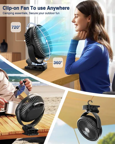 Vista 7 de FRIZCOL Ventilador portátil de 12000 mAh con clip de 8 pulgadas, recargable, funciona con pilas, ventiladores de campamento con luces y control