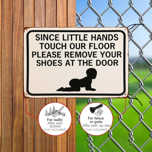 Vista 4 de Cartel de metal retro con texto en inglés «Please Remove Your Shoes» para garaje, hombre, cueva, baño, dormitorio, granja, inspirador, arte de pared