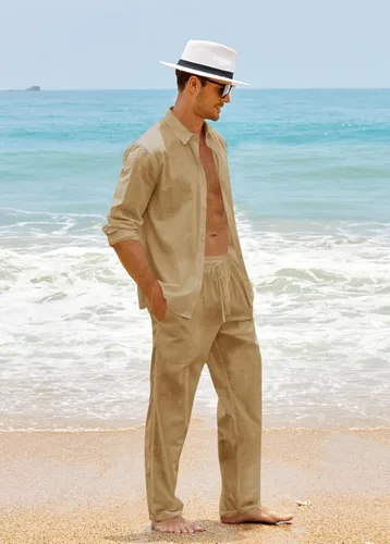 Vista 4 de Ryannology Men 2 Piece Linen Set Outfits Drawstring Long Pants Button Down Roll Up Sleeve Shirts Beach Wedding Suit Sets