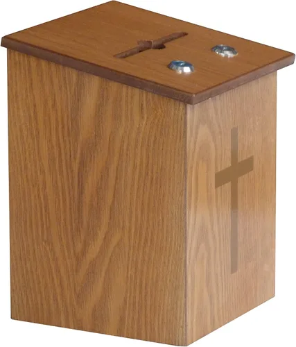 Vista 3 de Caja de recaudación de fondos de madera de dos cerraduras, caja de donación con cruz dorada, caja de oración de diezmos de iglesia cristiana