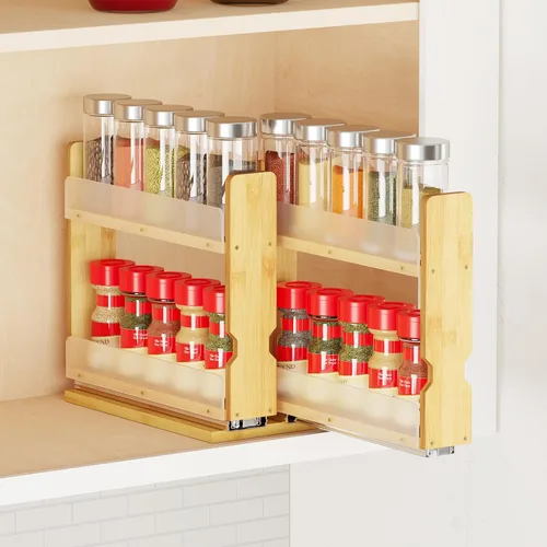 Vista 9 de SpaceAid Organizador de especias extraíble de bambú para gabinete, organizador de condimentos deslizante y resistente para despensa de cocina