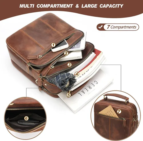 Vista 3 de Jack&Chris Bolso de hombro de cuero para hombre, bolsas cruzadas pequeñas para el trabajo, bolso de mano para hombre, Marrón