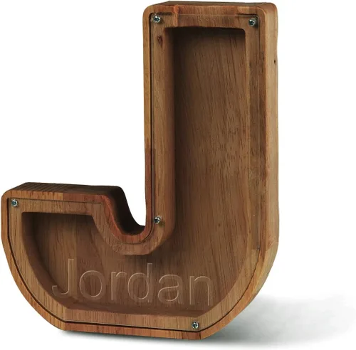 Vista 55 de Alcancía con nombre personalizado, 26 letras láser con texto personalizado, banco de monedas de madera, significado educativo, alcancía con nombre