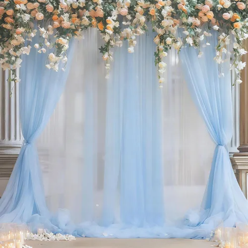Vista 4 de Cortina de telón de fondo de tul azul bebé de 10 x 10 pies para fiestas, cortinas de fondo transparentes para bodas, baby shower, baby shower