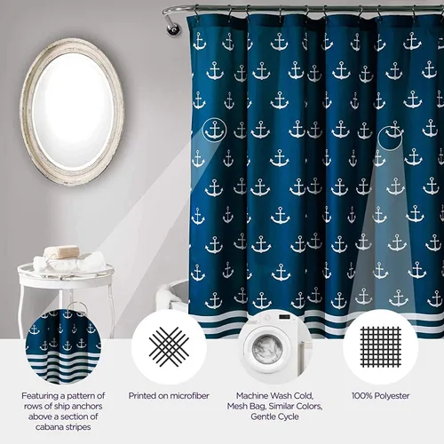 Vista 2 de Lush Decor Cortina de ducha, accesorios de baño con temática de playa (azul marino, estampado de ancla) 72 x 72 pulgadas