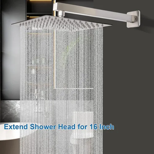 Vista 6 de Cabezal de ducha con brazo de extensión, cuadrado de alta presión con brazo de ducha, cobertura de cuerpo completo de cascada de lluvia de acero