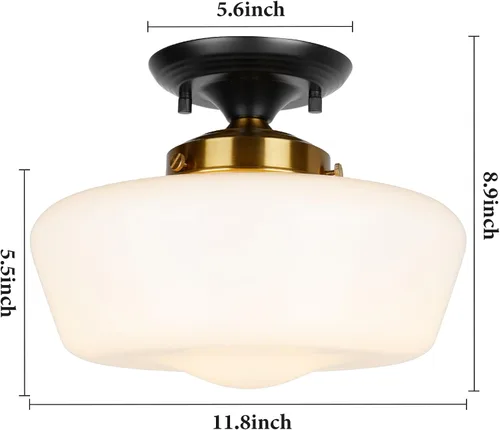 Vista 2 de Lámpara de techo semiempotrada estilo Schoolhouse, lámpara de techo moderna de 12 pulgadas en negro y dorado con pantalla de vidrio de leche