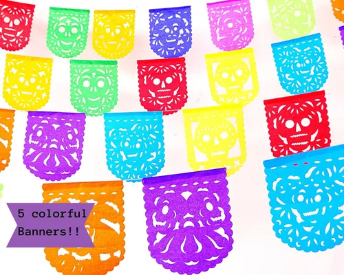 Vista 4 de Papel picado Dia de Los Muertos, Papel para Ofrendas, Altar y Otros Pequeños Espacios 5 Paquetes Tamaño Mini Ovalado Multicolor