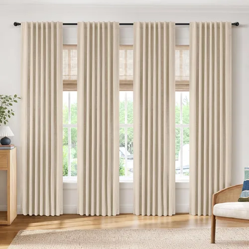 Vista 32 de INOVADAY Cortinas 100% opacas de 84 pulgadas de largo, juego de 4 paneles de lino con pestaña trasera y bolsillo para barra, cortinas opacas